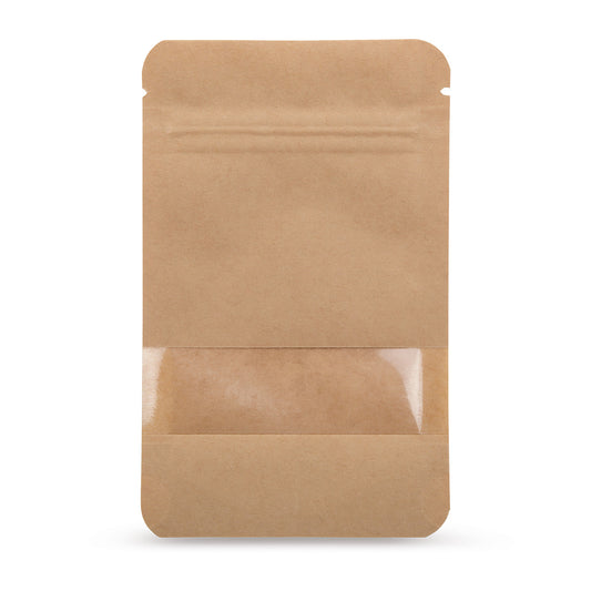 Doypack de papel kraft com janela — Vista principal do saco com janela, aspeto de papel kraft, da Elke Plastic