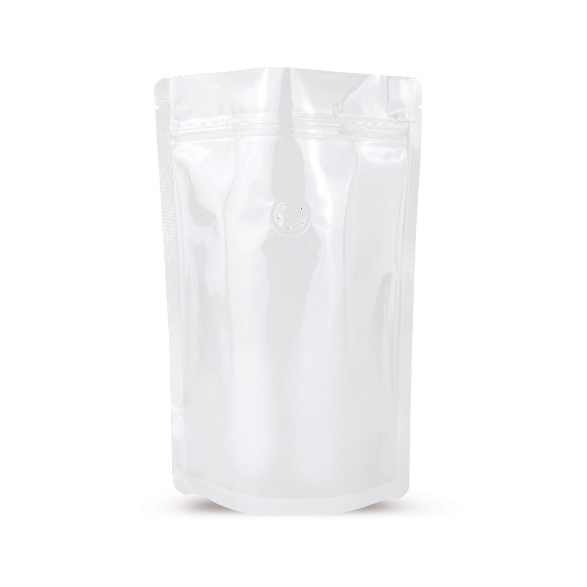 Doypack branco com válvula de aroma — Vista principal do saco com válvula de aroma, proteção de aroma, da Elke Plastic