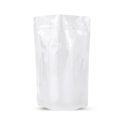 Doypack branco com válvula de aroma — Vista principal do saco com válvula de aroma, proteção de aroma, da Elke Plastic