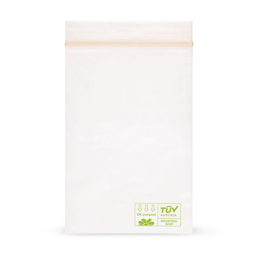 Sacos com fecho zip biodegradáveis em PLA sem faixa para escrita 50 mícrones — Vista principal, diretamente do fabricante El...