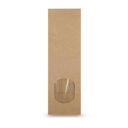 Saco de fundo bloco em papel kraft natural com janela — Vista principal do saco com janela, da Elke Plastic