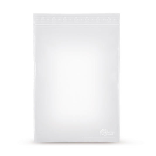 Sacos com fecho de pressão rLDPE com percentagem de reciclado sem tiras de escrita 50 µm — Vista principal do saco com percentagem de reciclado da Elke Plastic