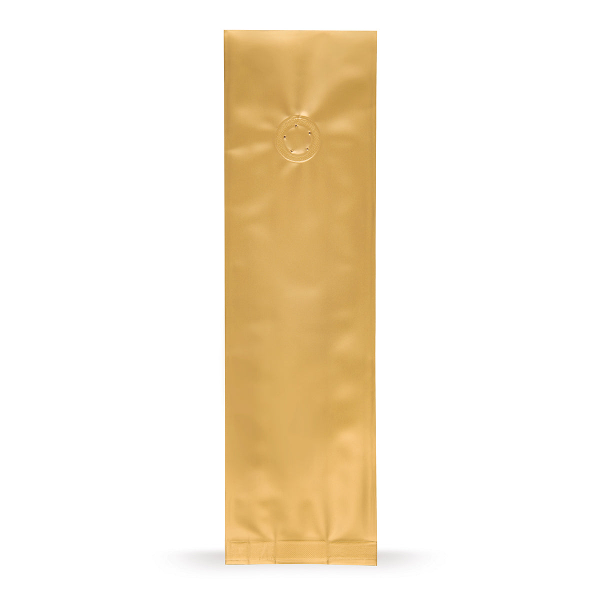 Saco com fole lateral dourado com válvula de aroma — Vista principal do saco com válvula de aroma, proteção de aroma, da Elke Plastic