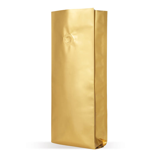 Saco com fole lateral dourado com válvula de aroma — Vista detalhada do material e da válvula de aroma, proteção de aroma, em corte transversal