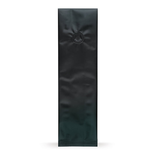 Saco com fole lateral preto com válvula de aroma — Vista principal do saco com válvula de aroma, proteção de aroma, da Elke Plastic