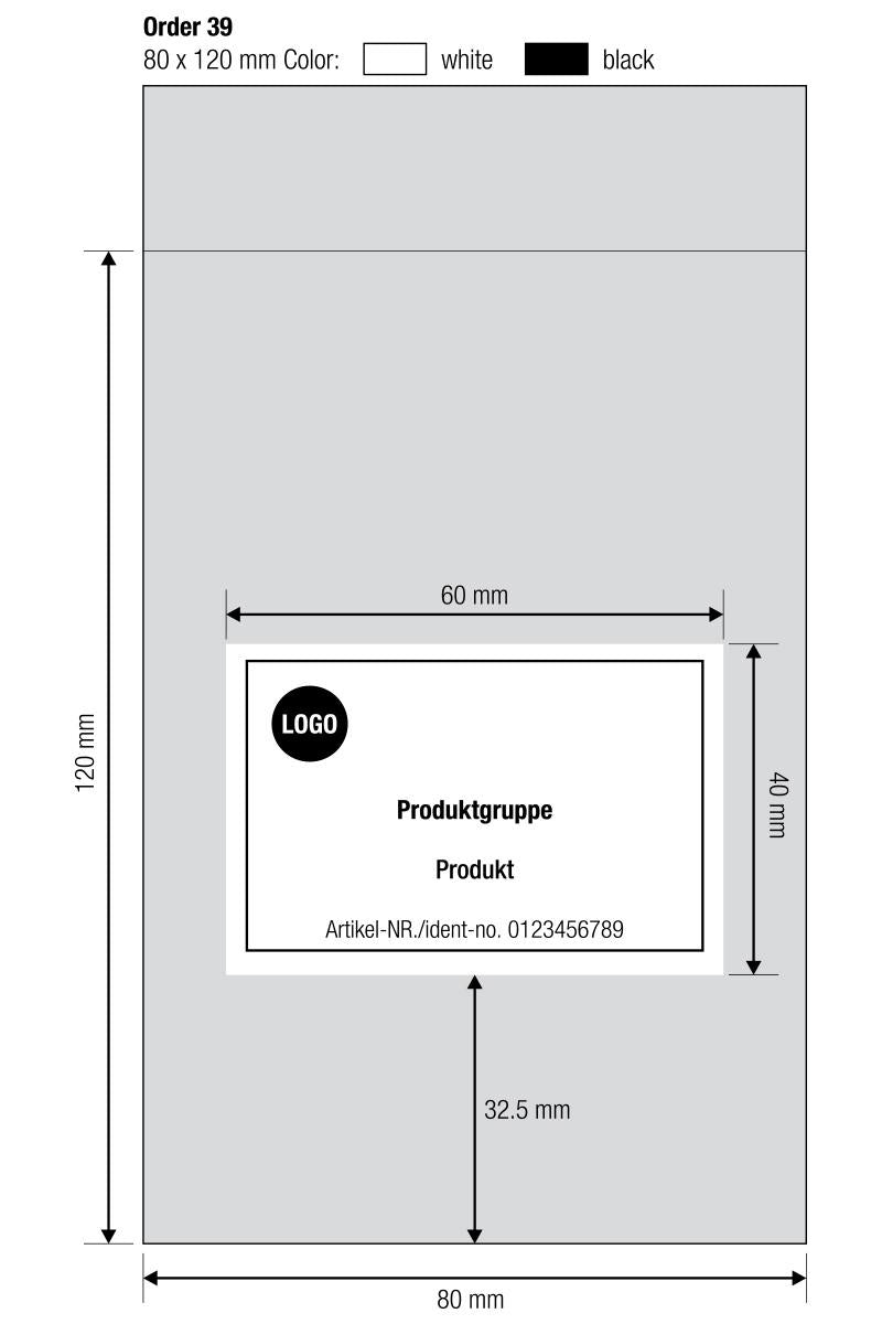 Esboço de exemplo de um fabrico personalizado com as dimensões do saco (80×120 mm) e área de impressão (60×40 mm)