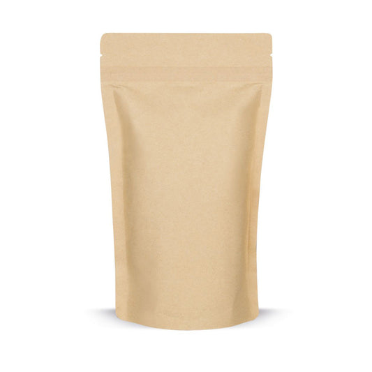 Doypack de papel kraft em materiais biodegradáveis — Detalhe do material com foco na espessura da película e no processam...