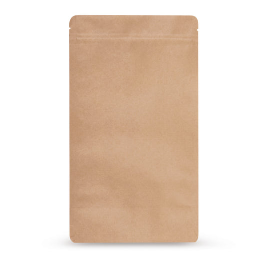 Doypack de papel kraft sem alumínio — Vista principal do saco com laminado de barreira sem alumínio e aspeto de papel kraft da Elke Plastic