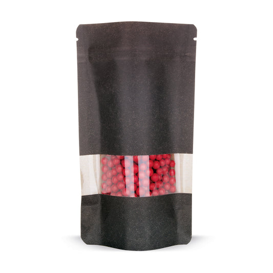 Doypack de papel kraft com janela, preto — Vista principal do saco com janela, aspeto de papel kraft, da E...