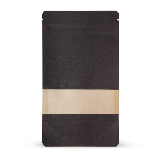 Doypack de papel kraft com janela, preto — Vista principal do saco com janela, aspeto de papel kraft, da E...