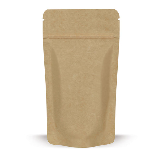 Doypack de papel kraft — Detalhe do material com foco na espessura da película e na qualidade de processamento
