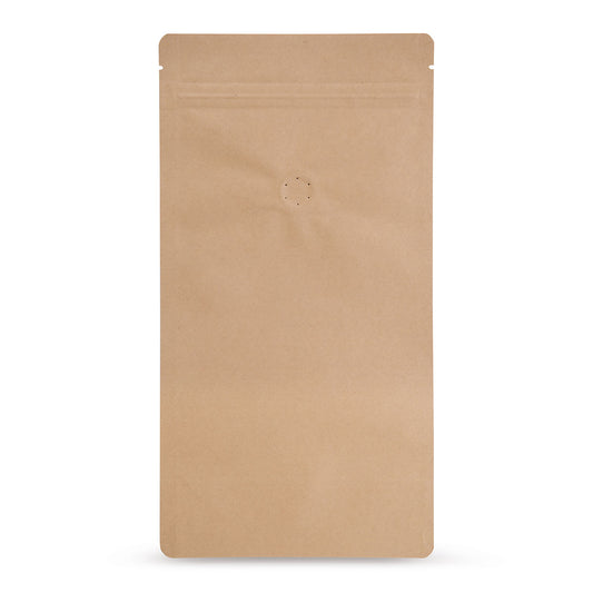 Doypack de papel kraft com válvula de aroma — Vista principal do saco com válvula de aroma, aspeto de papel kraft, da Elke...