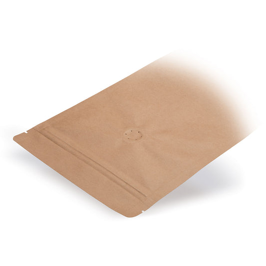 Doypack de papel kraft com válvula de aroma — Vista detalhada em aplicação de embalagem típica com exemplo de conteúdo