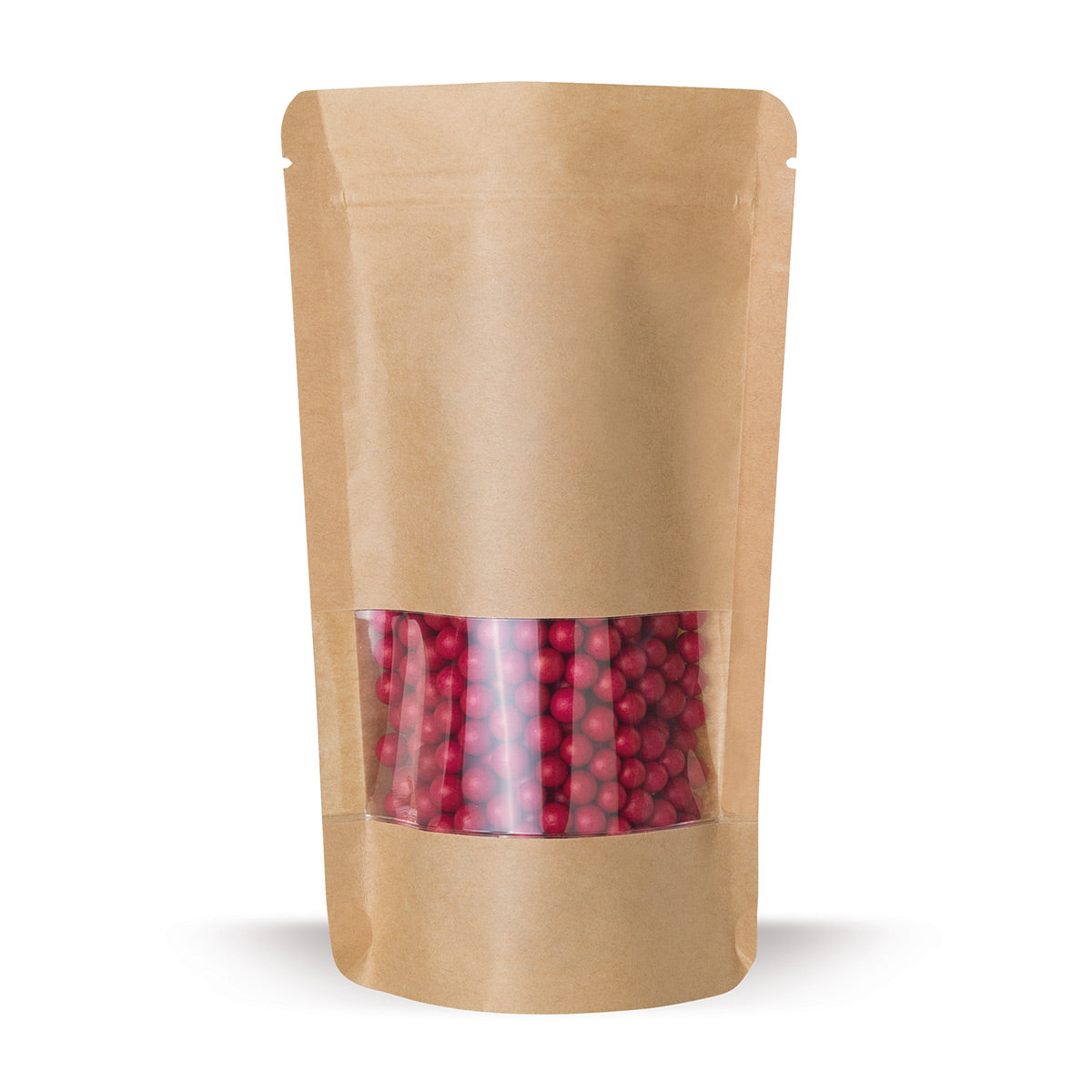 Doypack de papel kraft com janela — Detalhe do material com foco na espessura da película e na qualidade de processamento