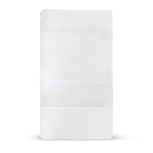 Doypack de papel kraft com janela, branco — Vista principal do saco com janela, aspeto de papel kraft, da Elke...