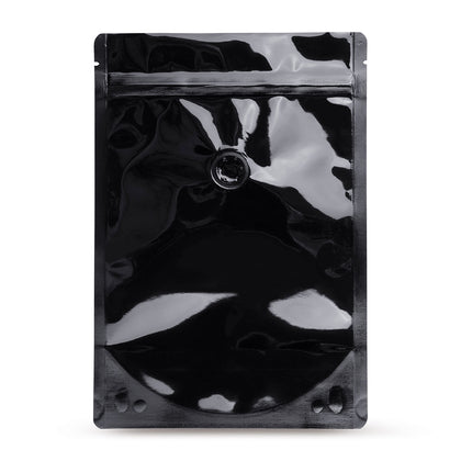 Doypack preto com válvula de aroma — Vista principal do saco com válvula de aroma, proteção de aroma, da Elke Plastic