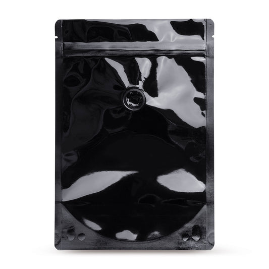 Doypack preto com válvula de aroma — Vista principal do saco com válvula de aroma, proteção de aroma, da Elke Plastic